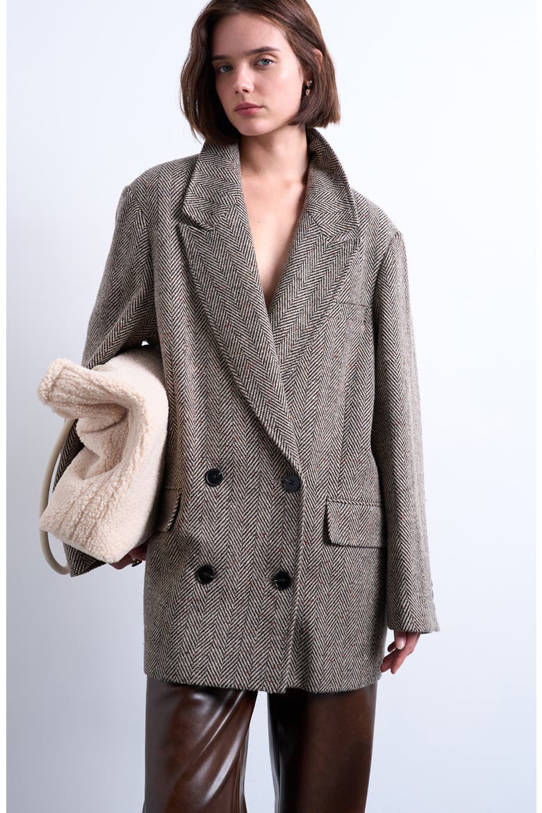 Oversize Herringbone Twill Double Breasted Blazer, Main, color, BLACK MULTI