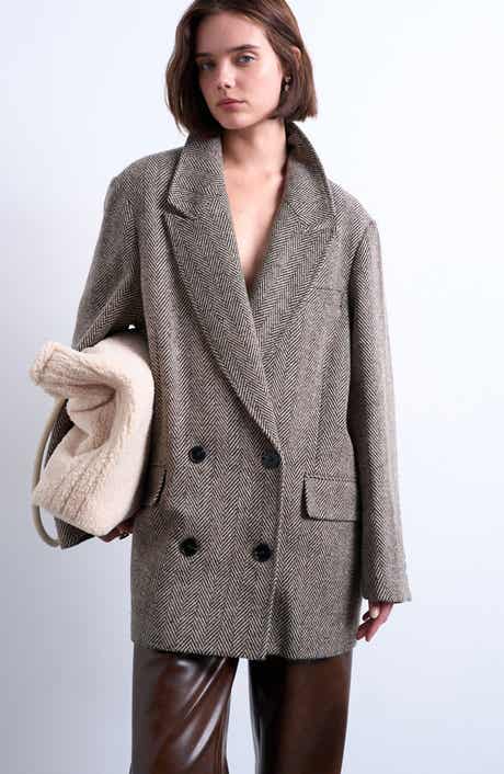 Topshop Oversize Herringbone Twill Double Breasted Blazer