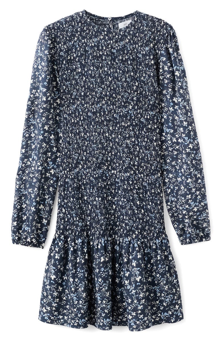 MANGO TEEN Smocked Long Sleeve Dress, Alternate, color, Navy