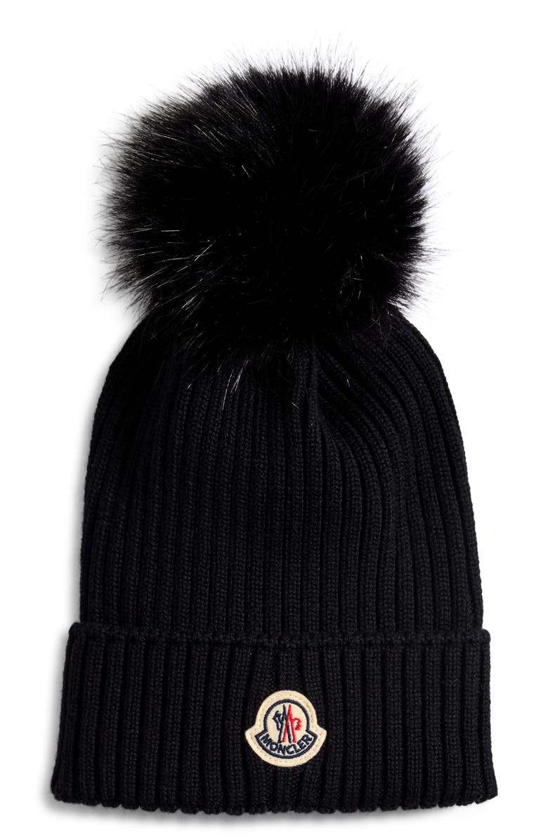 Moncler Kids' Merino Wool Rib Beanie with Faux Fur Pompom, Main, color, Black