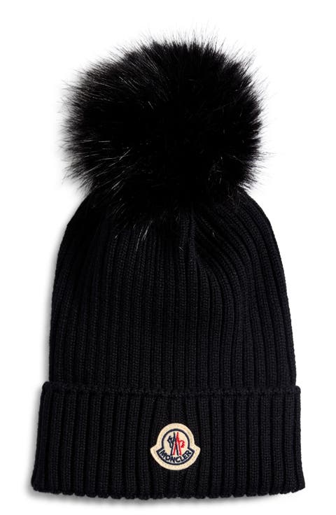 Kids' Merino Wool Rib Beanie with Faux Fur Pompom