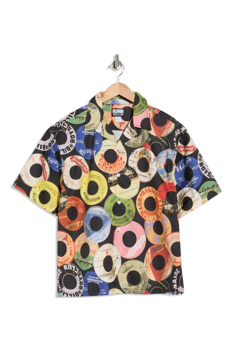 BB Techniques CD Print Cotton Camp Shirt, Alternate, color, BLACK