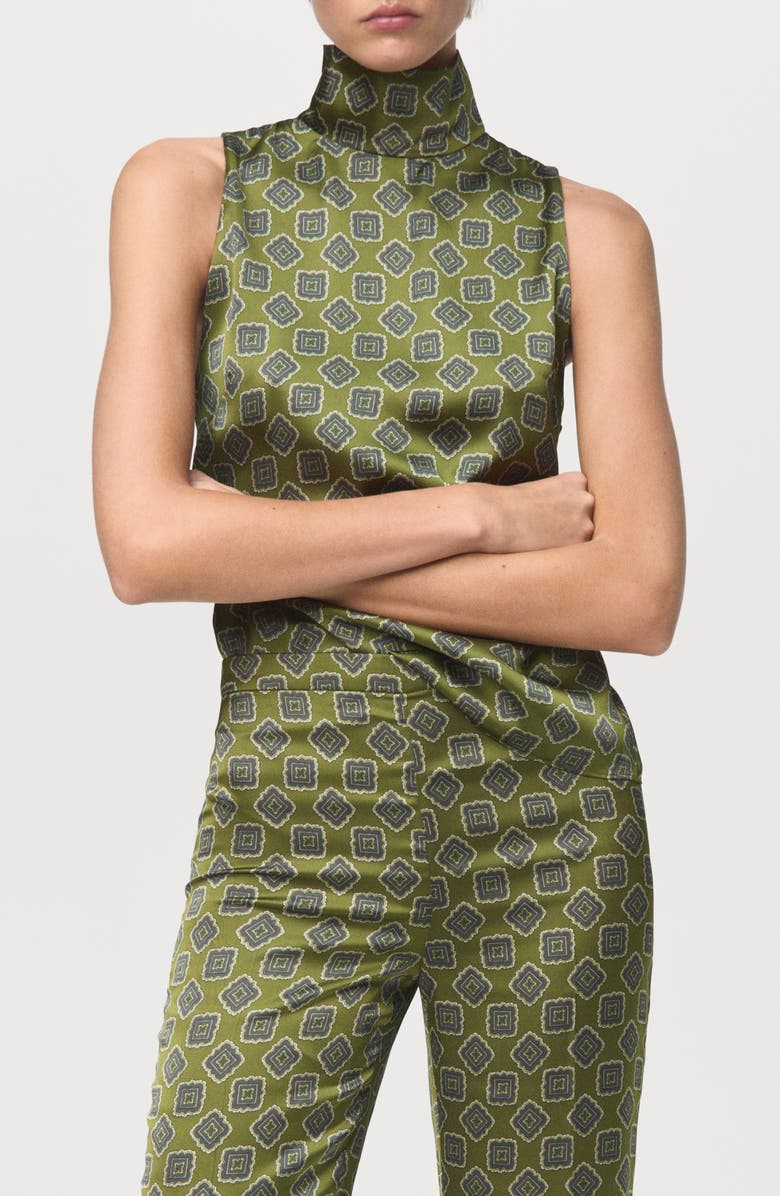 MANGO Geo Print Flare Satin Pants, Alternate, color, Green