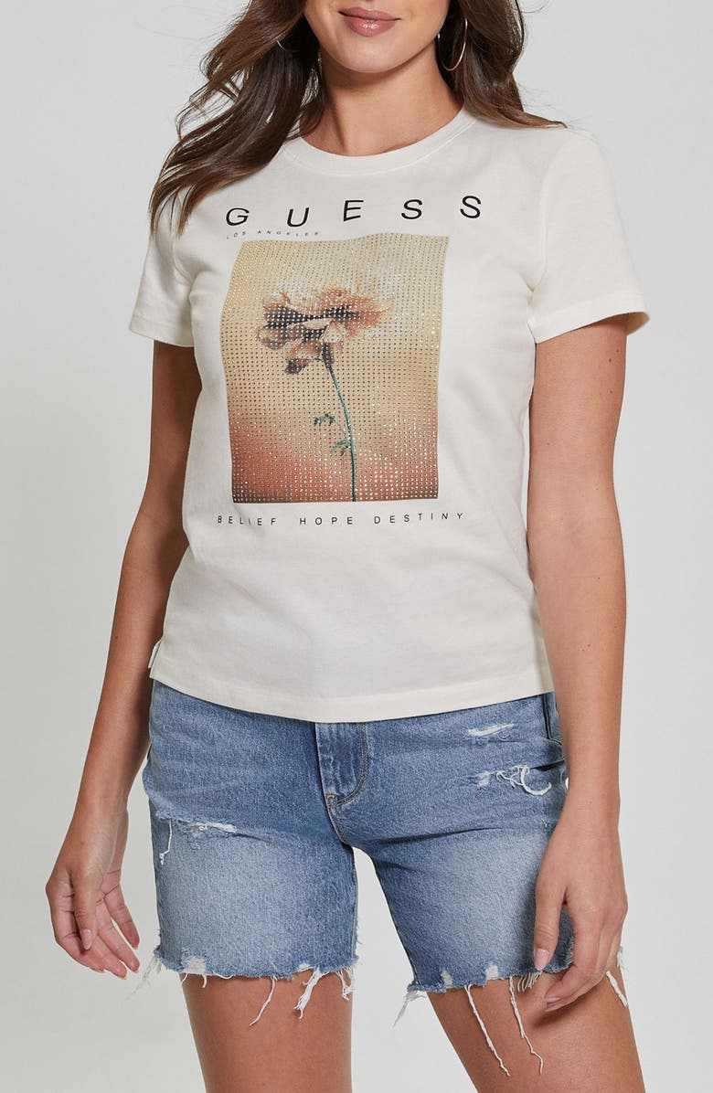 GUESS Beaded Floral Graphic Cotton T-Shirt, Main, color, 