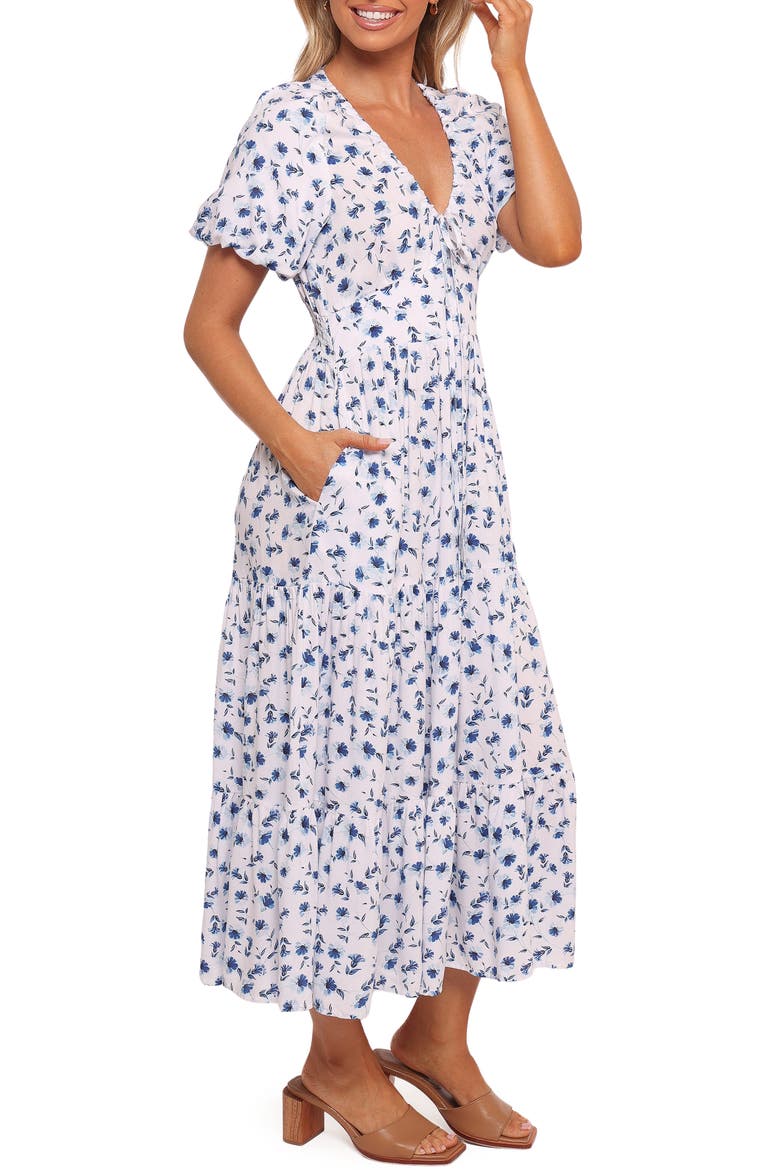 Roberts Floral Puff Sleeve Cotton Midi Dress, Alternate, color, BLUE DITSY FLORAL