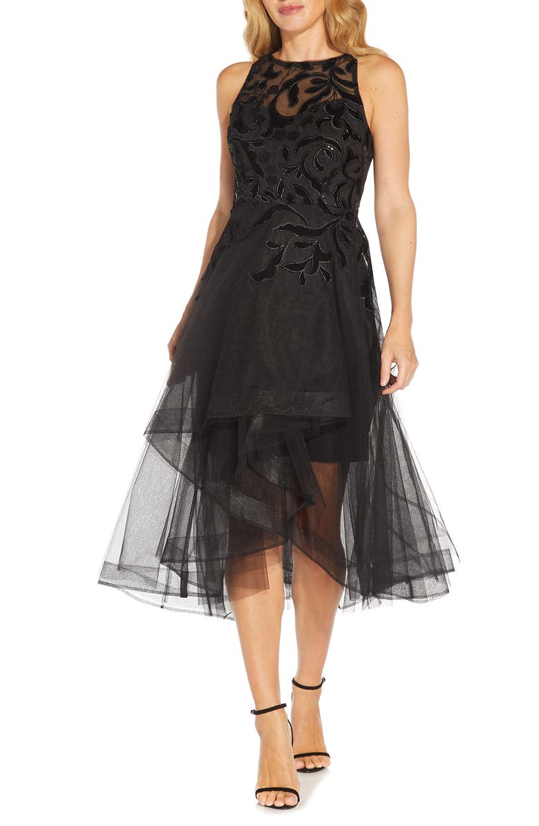 Adrianna Papell Velvet Appliqué Tulle Cocktail Dress, Main, color, 