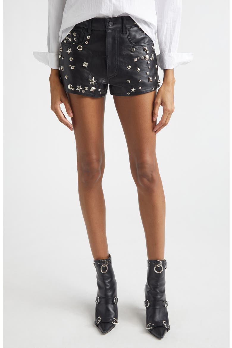 Studded Five-Pocket Leather Shorts, Main, color, BLACK WITH STUDS