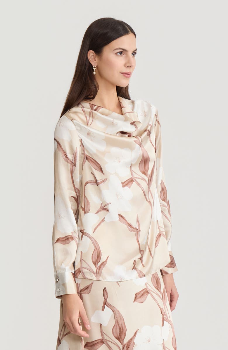 Misook Draped Neck Floral Print Silk Blouse, Alternate, color, Biscotti/Charmeuse