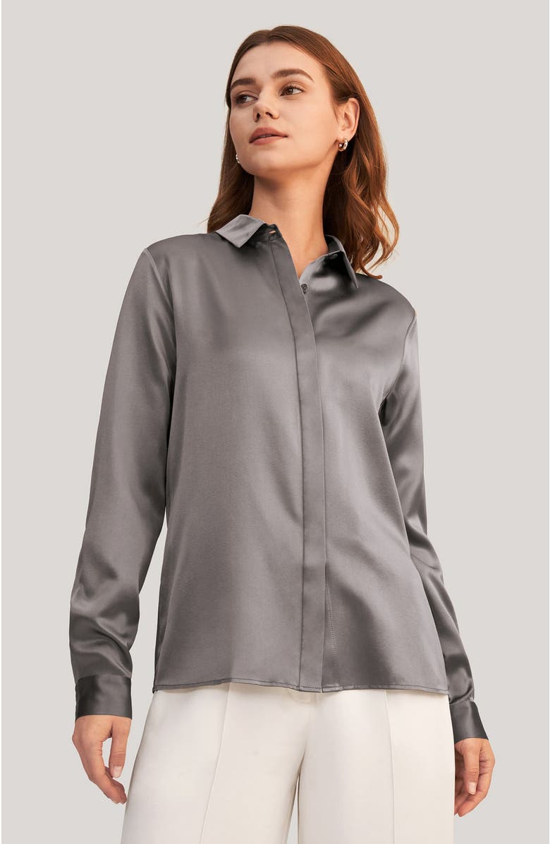 Lilysilk Basic Concealed Placket Silk Shirt, Alternate, color, Dark Gray
