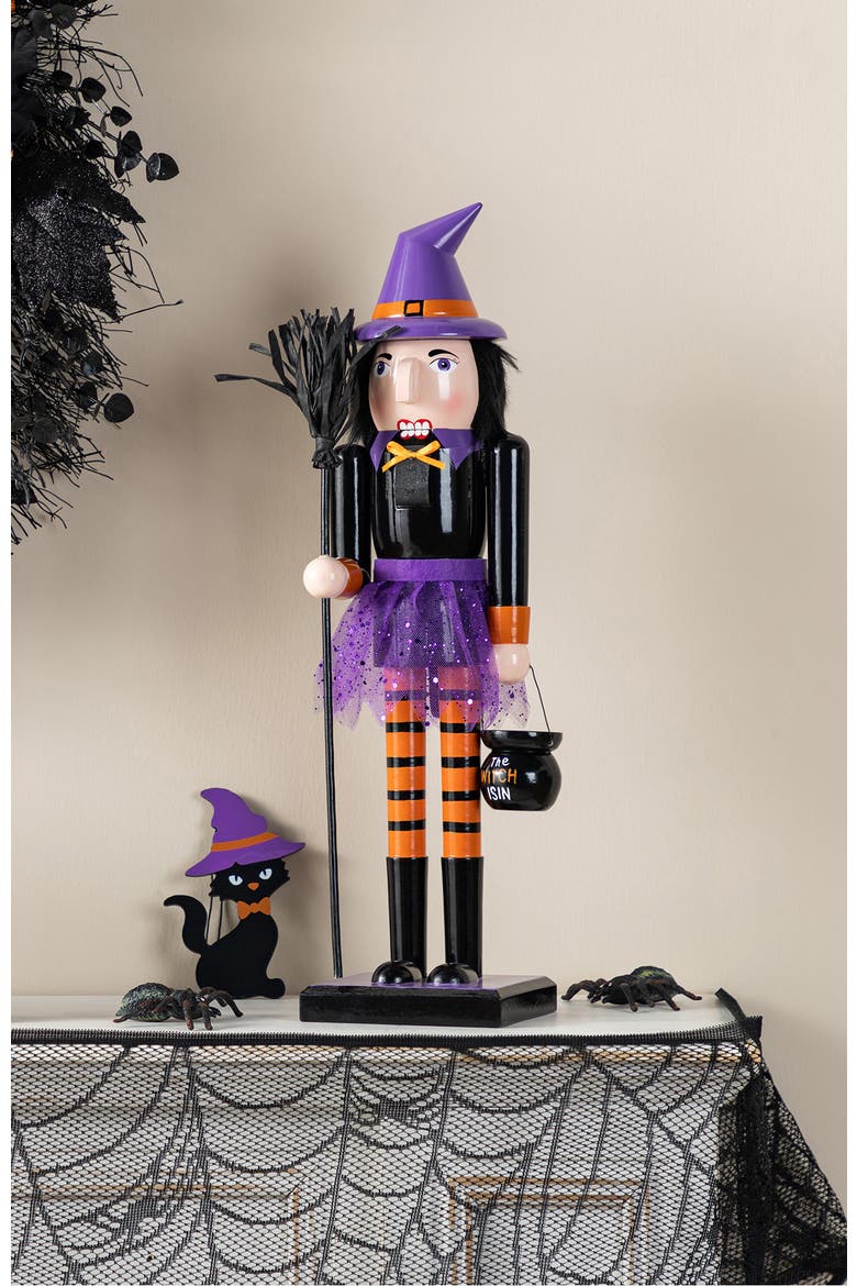 Halloween Wooden Witch Nutcracker with Witch Cat Ornament, Alternate, color, Purple