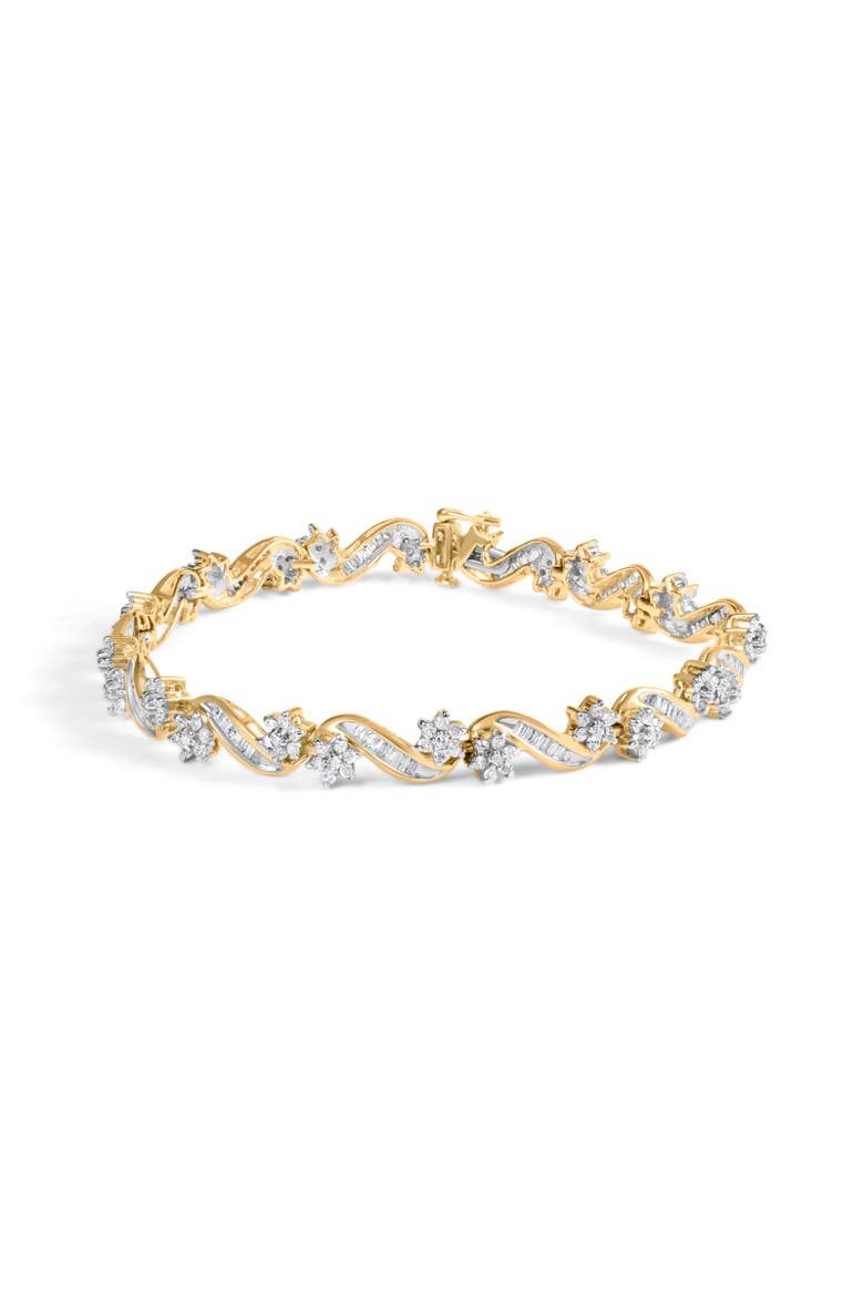 10k Yellow Gold 3.00 Cttw Round-Cut and Baguette-Cut Floral Link 7.25" Bracelet, Main, color, Yellow