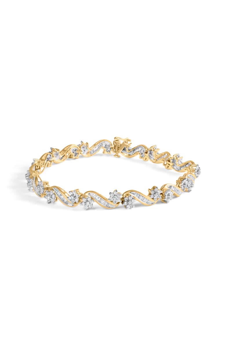 Haus of Brilliance 10k Yellow Gold 3.00 Cttw Round-Cut and Baguette-Cut Floral Link 7.25" Bracelet, Main, color, Yellow