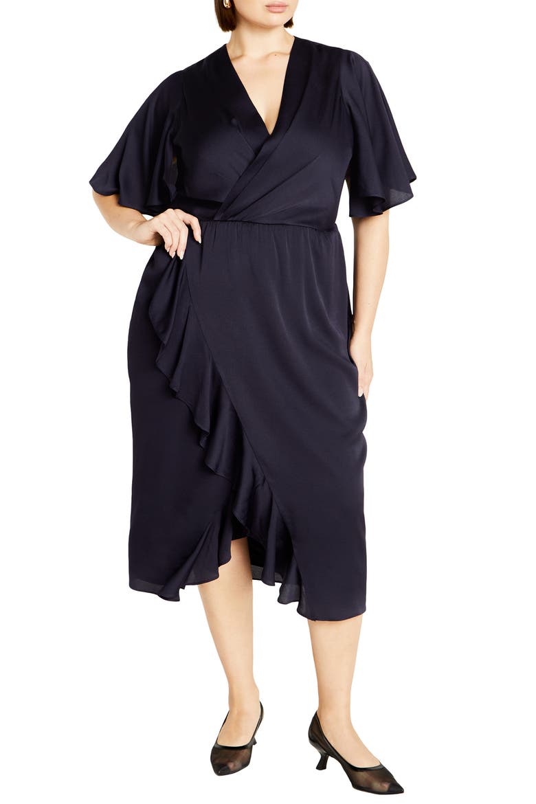 Holland Sateen Faux Wrap Midi Dress, Main, color, NAVY