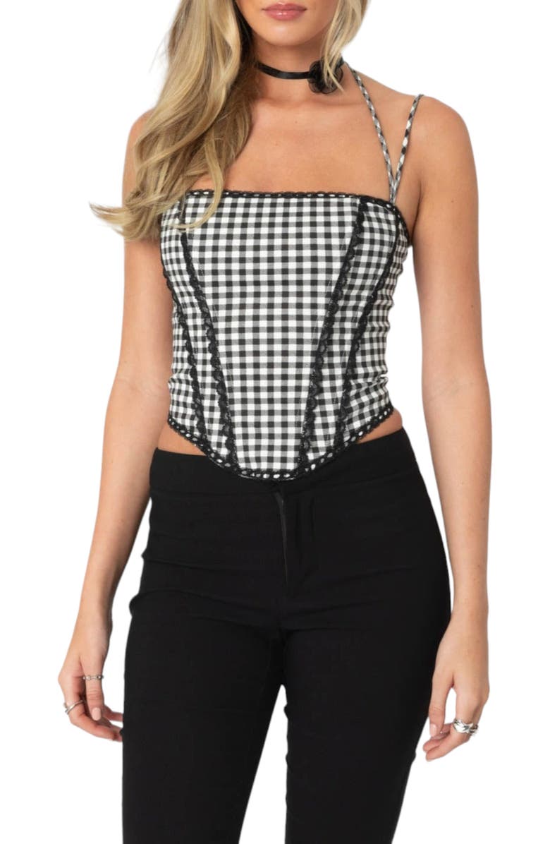 EDIKTED Gingham Lace Trim Corset Camisole, Main, color, Black-And-White