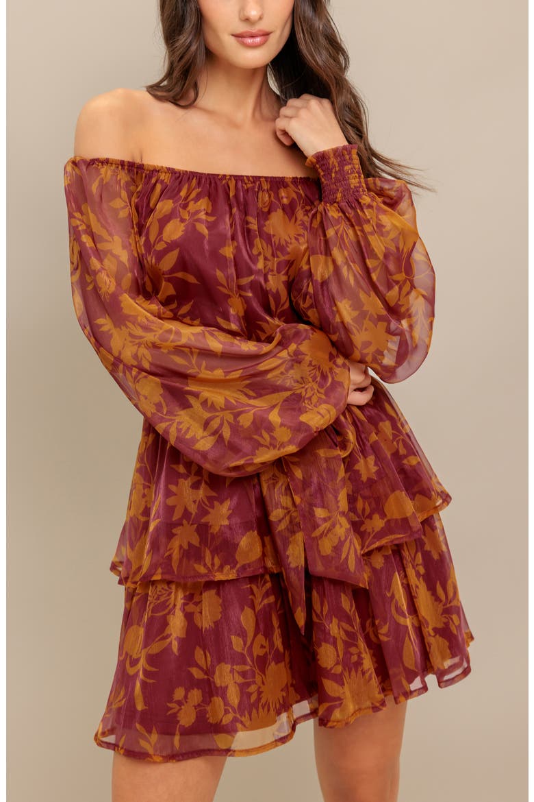 Floral Off the Shoulder Long Sleeve Minidress, Alternate, color, MAROON