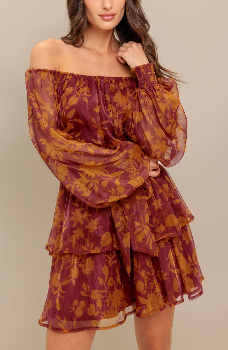 FLYING TOMATO Floral Off the Shoulder Long Sleeve Minidress, Alternate, color, Maroon