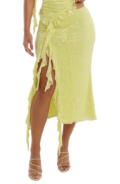Floral Burnout Velvet Ruffle Spiral Midi Skirt