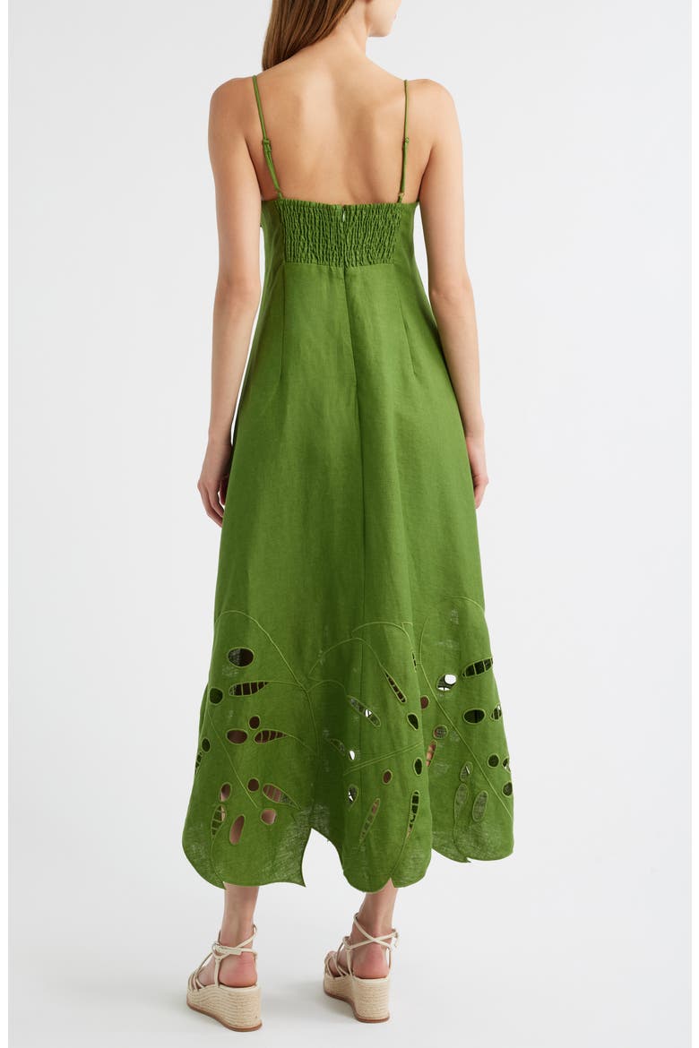Monstera Embroidery Linen Midi Dress, Alternate, color, GREEN