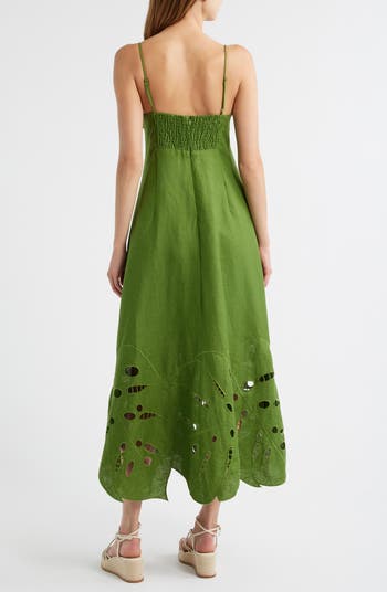 Monstera Embroidery Linen Midi Dress
