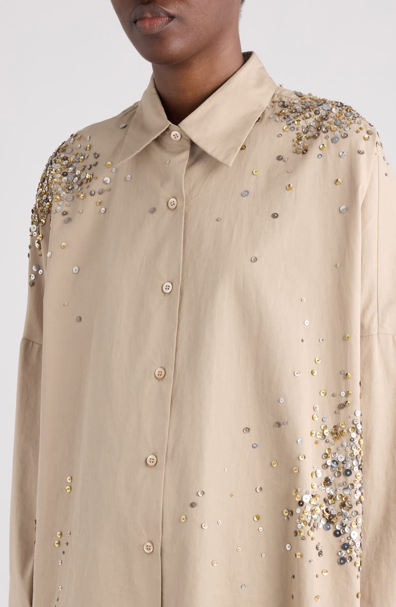 Dries Van Noten Firework Embroidered Cotton Poplin Button-Up Shirt, Alternate, color, Sand