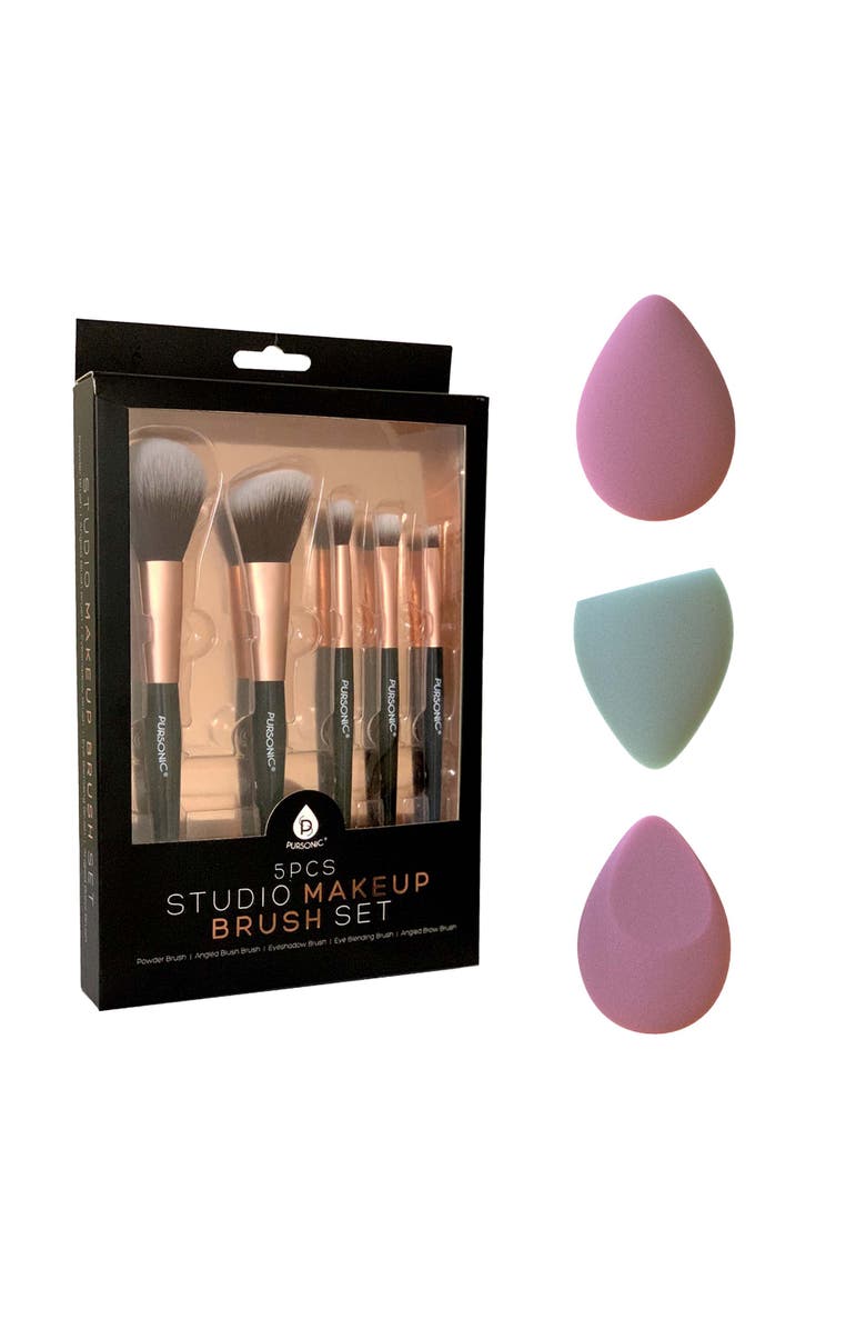 PURSONIC 5 Piece Studio Makeup Brush Set & 3 Pack Beauty Makeup Sponge Blenders Flawless Application Essentials, Main, color, Black