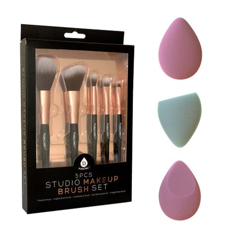 5 Piece Studio Makeup Brush Set & 3 Pack Beauty Makeup Sponge Blenders Flawless Application Essentials