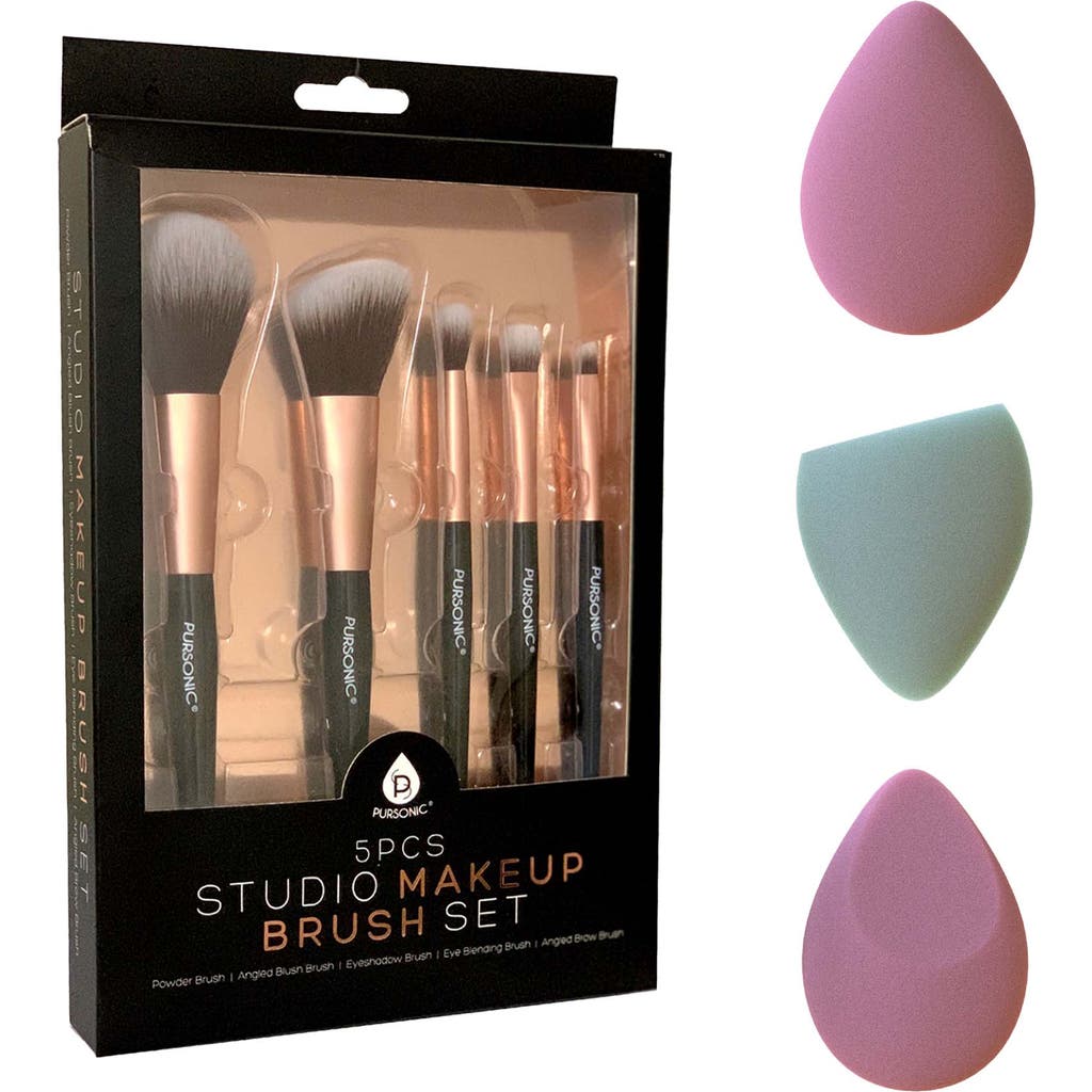 Pursonic 5 Piece Studio Makeup Brush Set & 3 Pack Beauty Makeup Sponge Blenders Flawless Application In Black