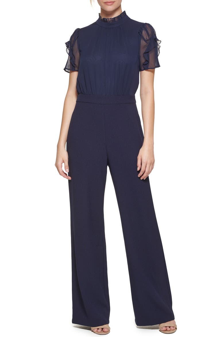 Chiffon & Crepe Jumpsuit, Main, color, NAVY