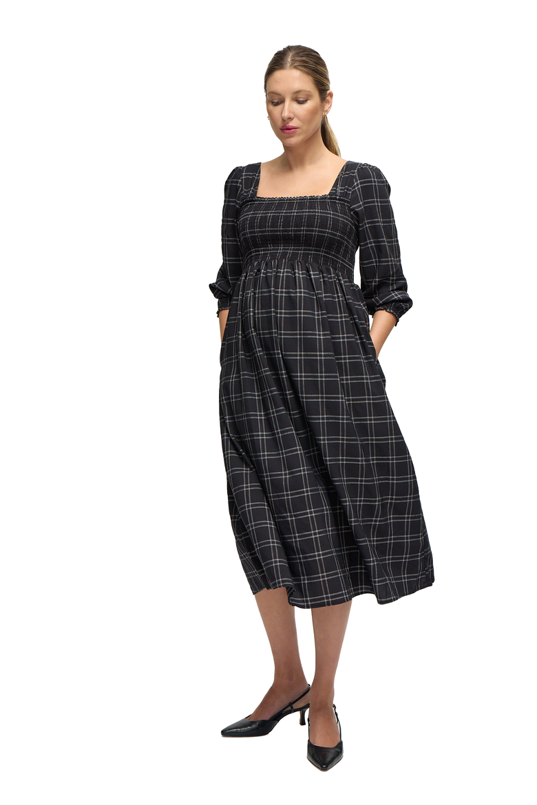 Maternity Ruffle Sleeve Midi Dress, Alternate, color, Black/White Windowpane
