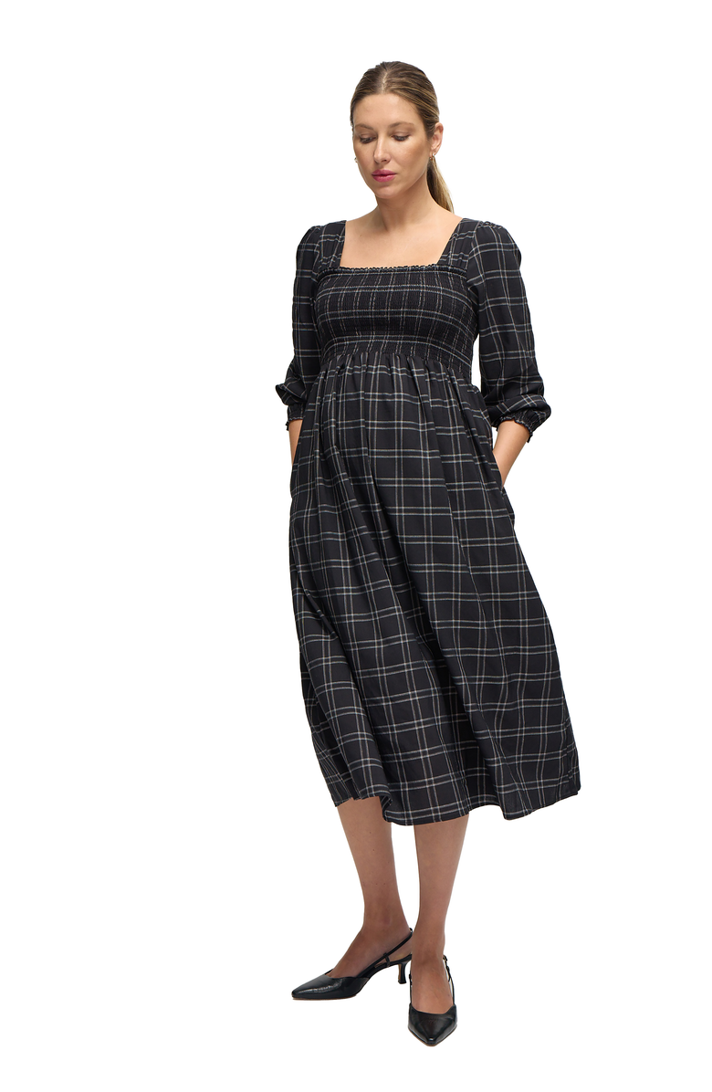 Ingrid & Isabel Maternity Ruffle Sleeve Midi Dress, Alternate, color, Black/White Windowpane