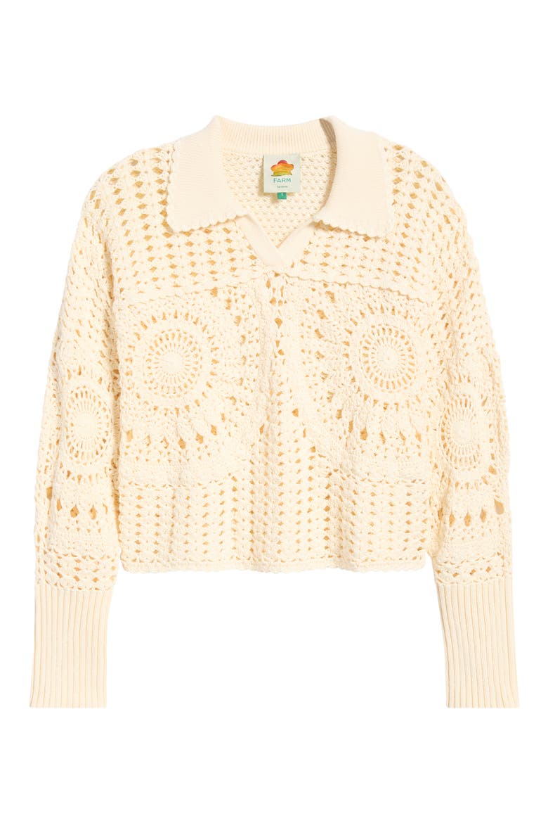Crochet Cotton Johnny Collar Polo Sweater, Alternate, color, OFF-WHITE