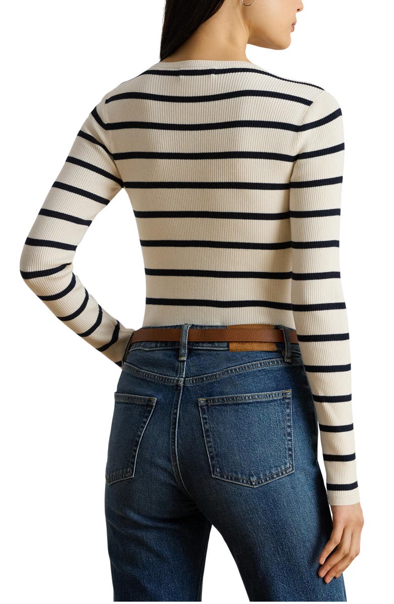Lauren Ralph Lauren Striped Rib Knit Crewneck Sweater, Alternate, color, Mascarpone Cream/ Lauren Navy
