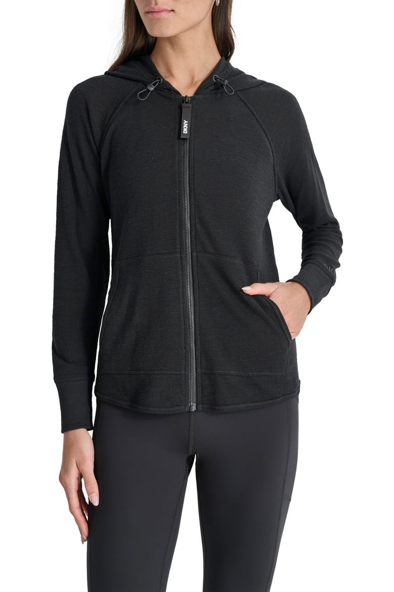 Slub Waffle Knit Zip Hoodie, Alternate, color, BLACK