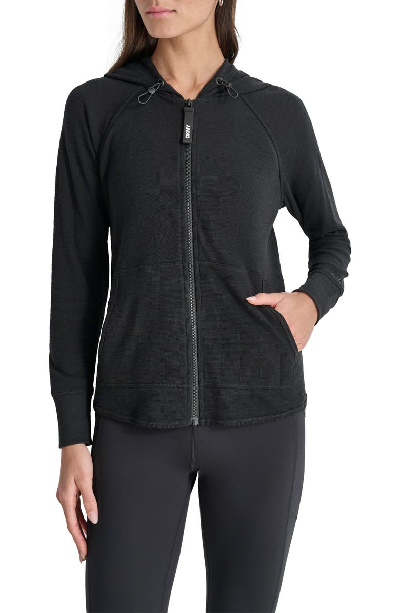 DKNY Slub Waffle Knit Zip Hoodie, Alternate, color, Black
