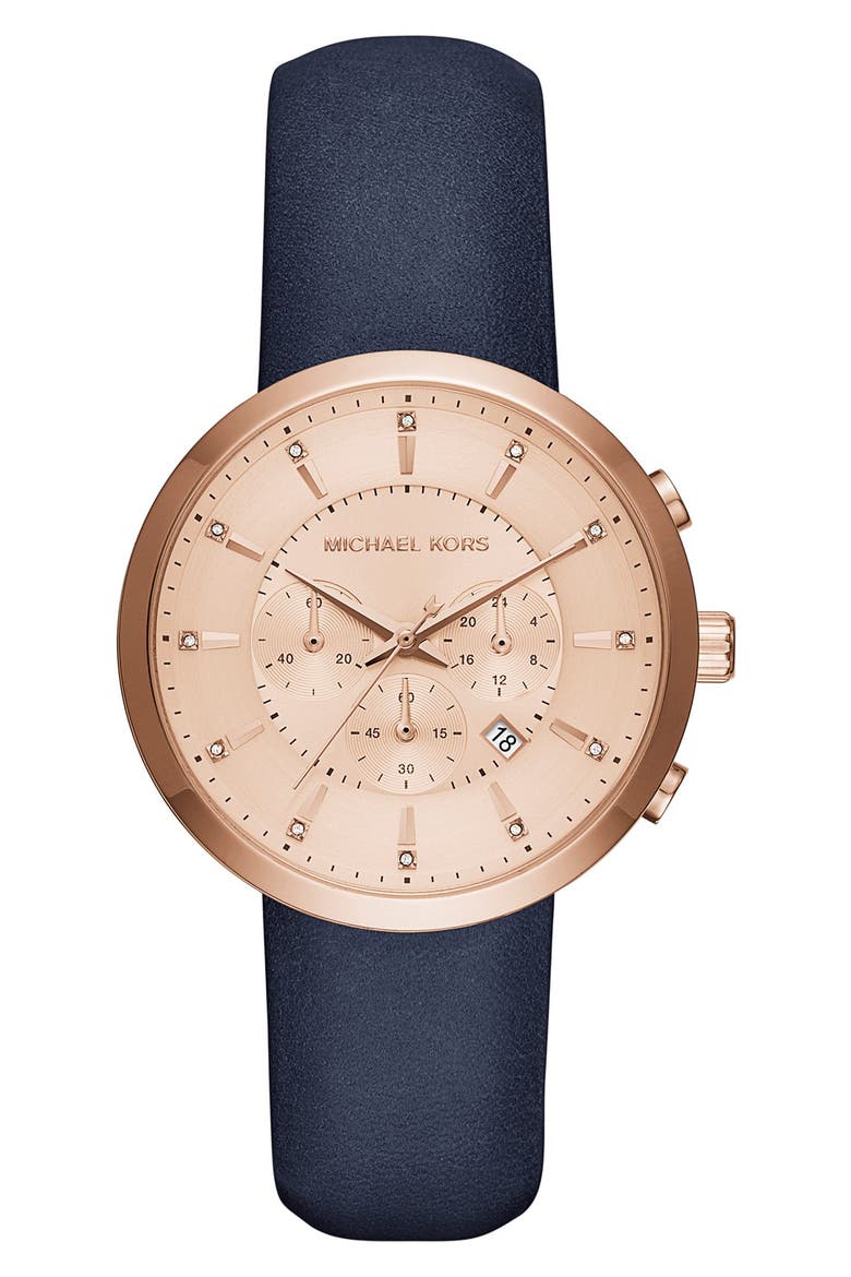 'Kyler' Chronograph Leather Strap Watch, 38mm, Main, color, NAVY/ ROSE GOLD