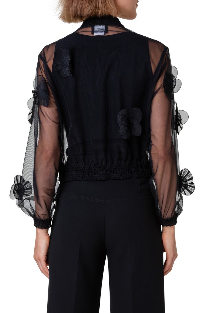 Akris Taida Poppy Appliqué Sheer Bomber Jacket, Alternate, color, Black