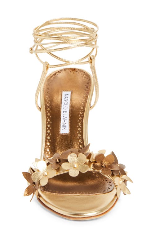 Manolo Blahnik 90mm Anista Flower-embellished Lace-up Sandals In Gold