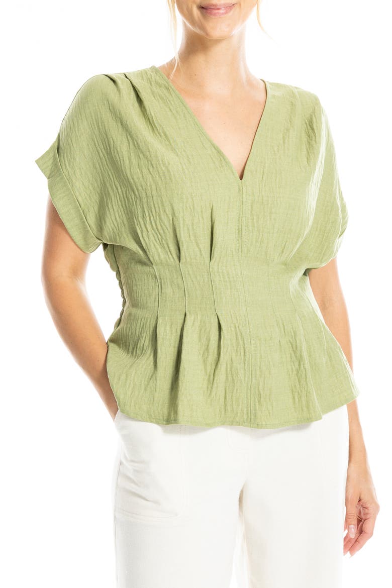 Pleated V-Neck Woven Top, Alternate, color, HEATHER LEAF