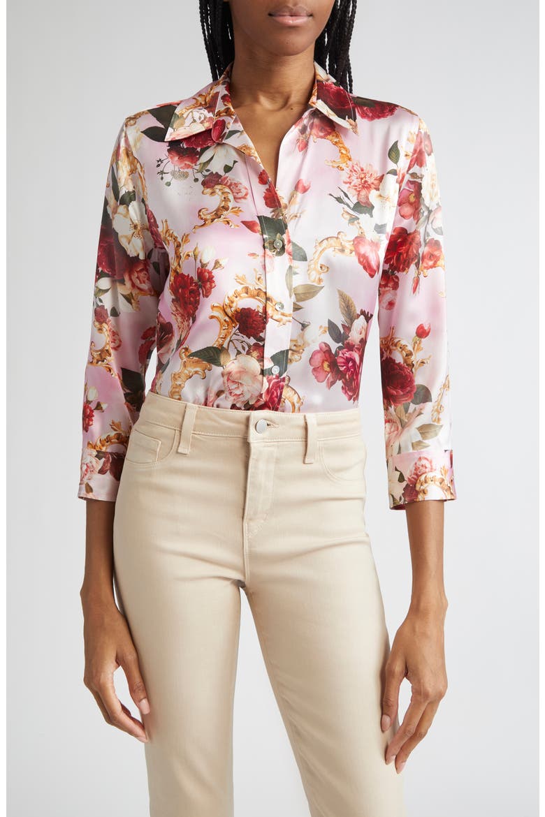 Dani Three Quarter Sleeve Silk Button-Up Shirt, Main, color, PINK MULTI ROCOCO