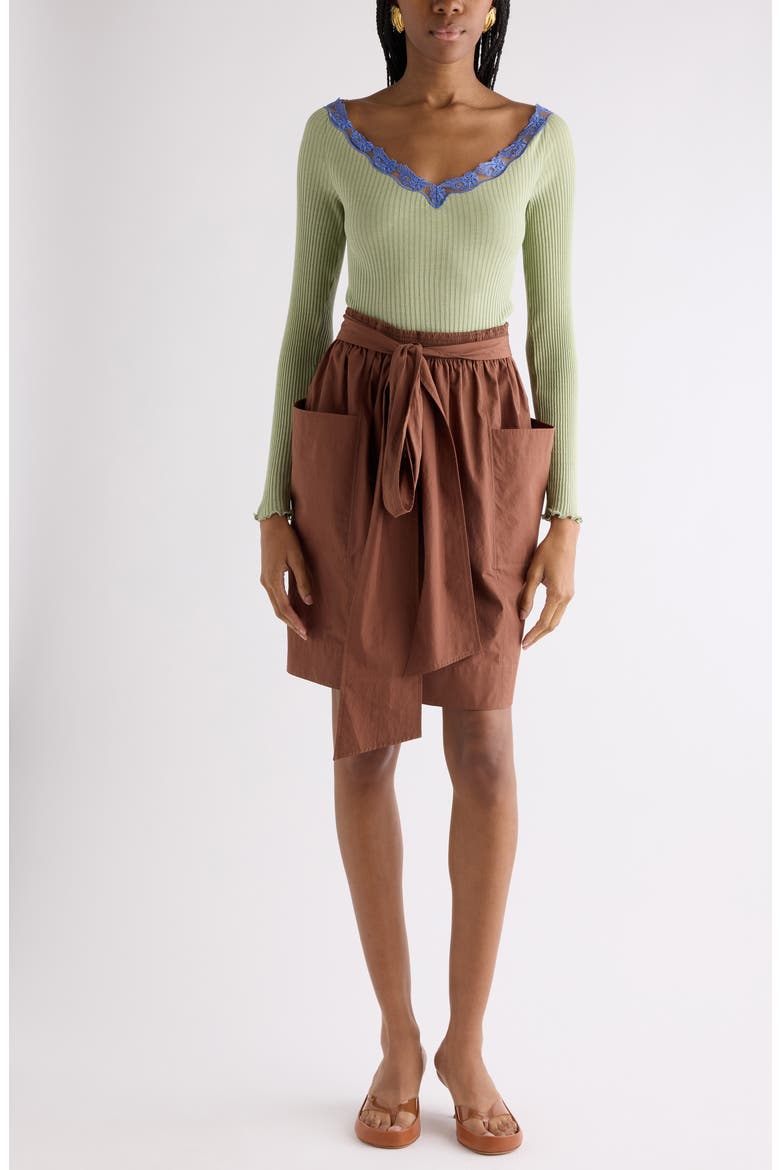 Lace Trim Rib Cotton & Silk Sweater, Alternate, color, DARK CEDAR