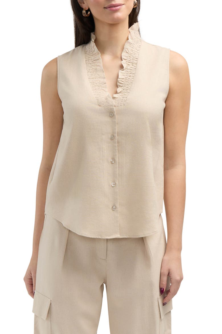 Ruffle Sleeveless Button-Up Shirt, Main, color, LINEN