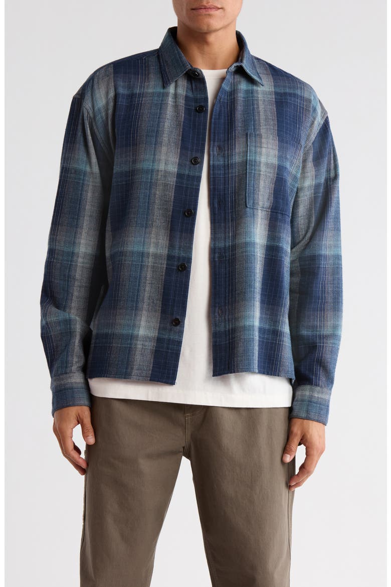 Plaid Boxy Cotton Flannel Button-Up Shirt, Main, color, NAVY OMBRE PLAID