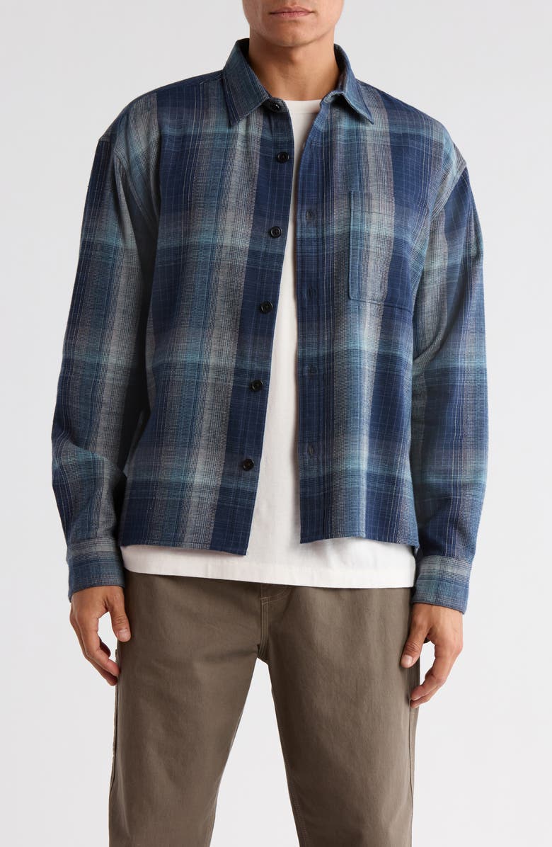 BP. Plaid Boxy Cotton Flannel Button-Up Shirt, Main, color, Navy Ombre Plaid