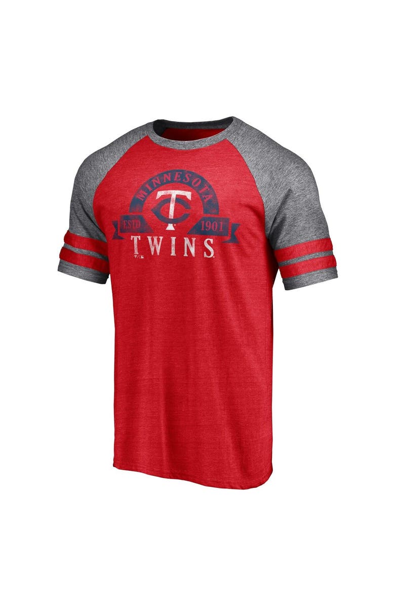 FANATICS Men's Fanatics Branded Heather Red Minnesota Twins Utility Two-Stripe Raglan Tri-Blend T-Shirt, Alternate, color, Heather Red