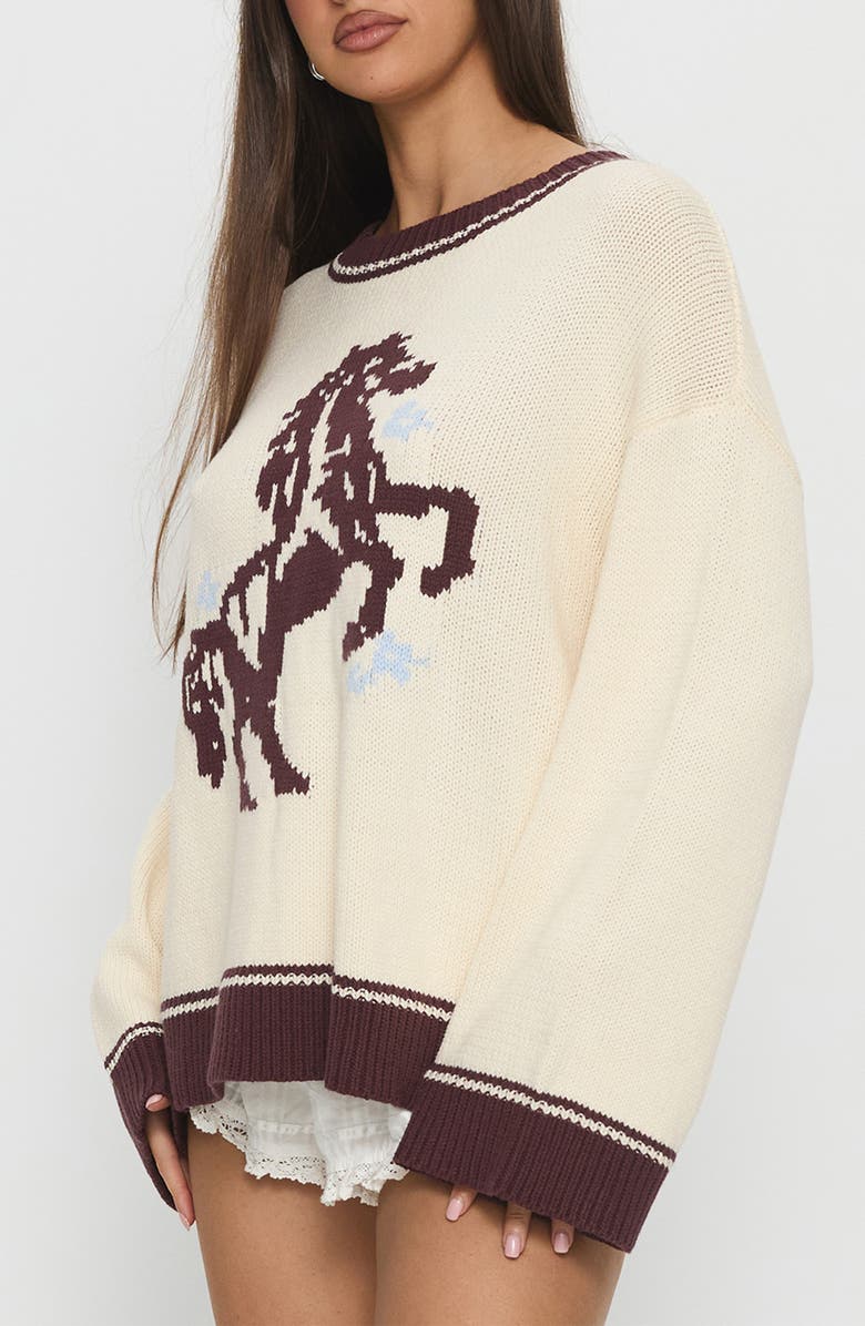 Princess Polly Rhianonn Horse Graphic Cotton Blend Sweater, Alternate, color, Cream / Brown