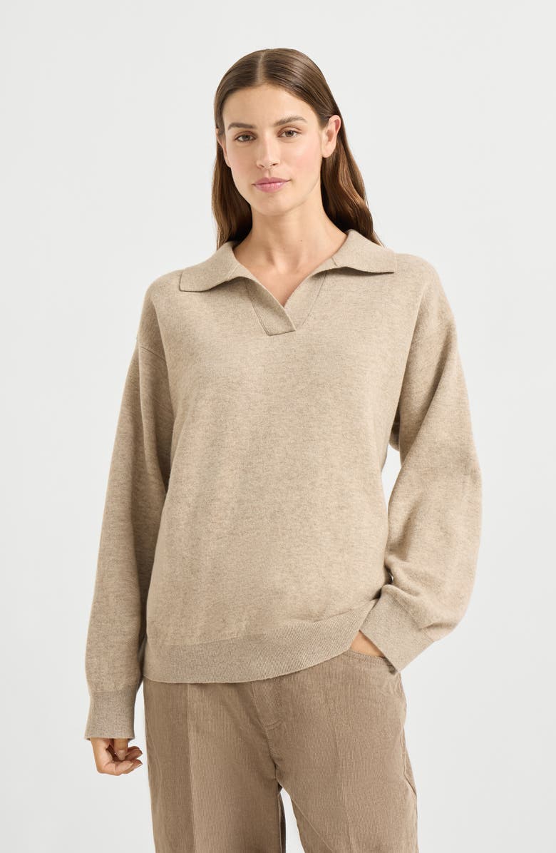 Brunello Cucinelli Cashmere double knit polo shirt, Alternate, color, Biscuit