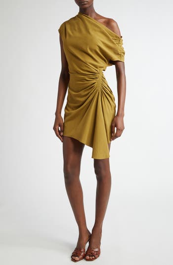 A.l.c Poppy Ruched Off-the-shoulder Mini Dress In Gold