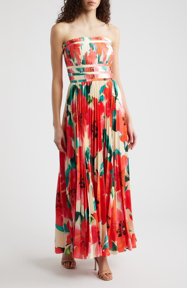 Hutch Sabina Floral Tiered Plissé Gown, Main, color, Ivory/ Coral Watercolor