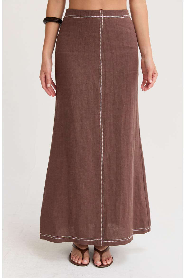 Embroidered Contrast Stitch Linen Maxi Skirt, Main, color, Brown