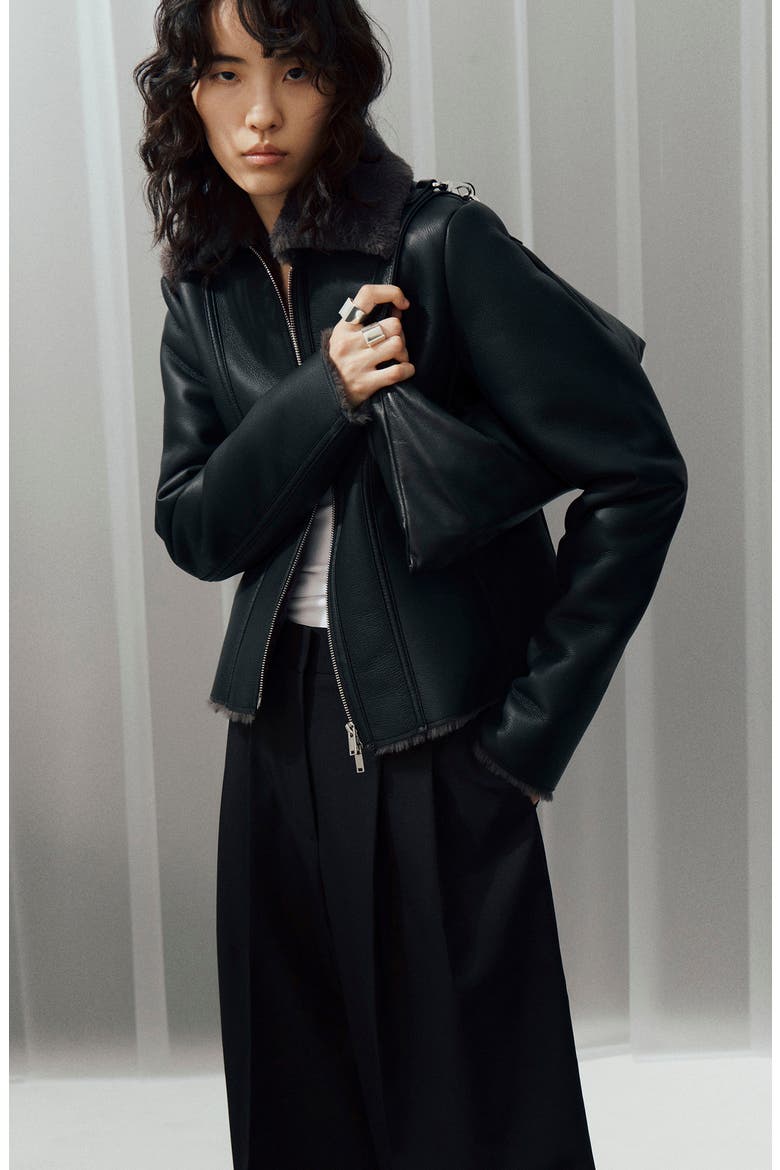 Faux Leather Jacket with Faux Fur Trim (Nordstrom Exclusive), Alternate, color, BLACK